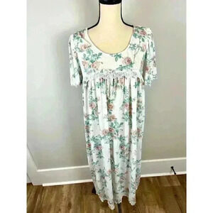 Vtg Barbizon Long Nightgown Short Sleeve Floral Ruffle Lace Cotton Blend M